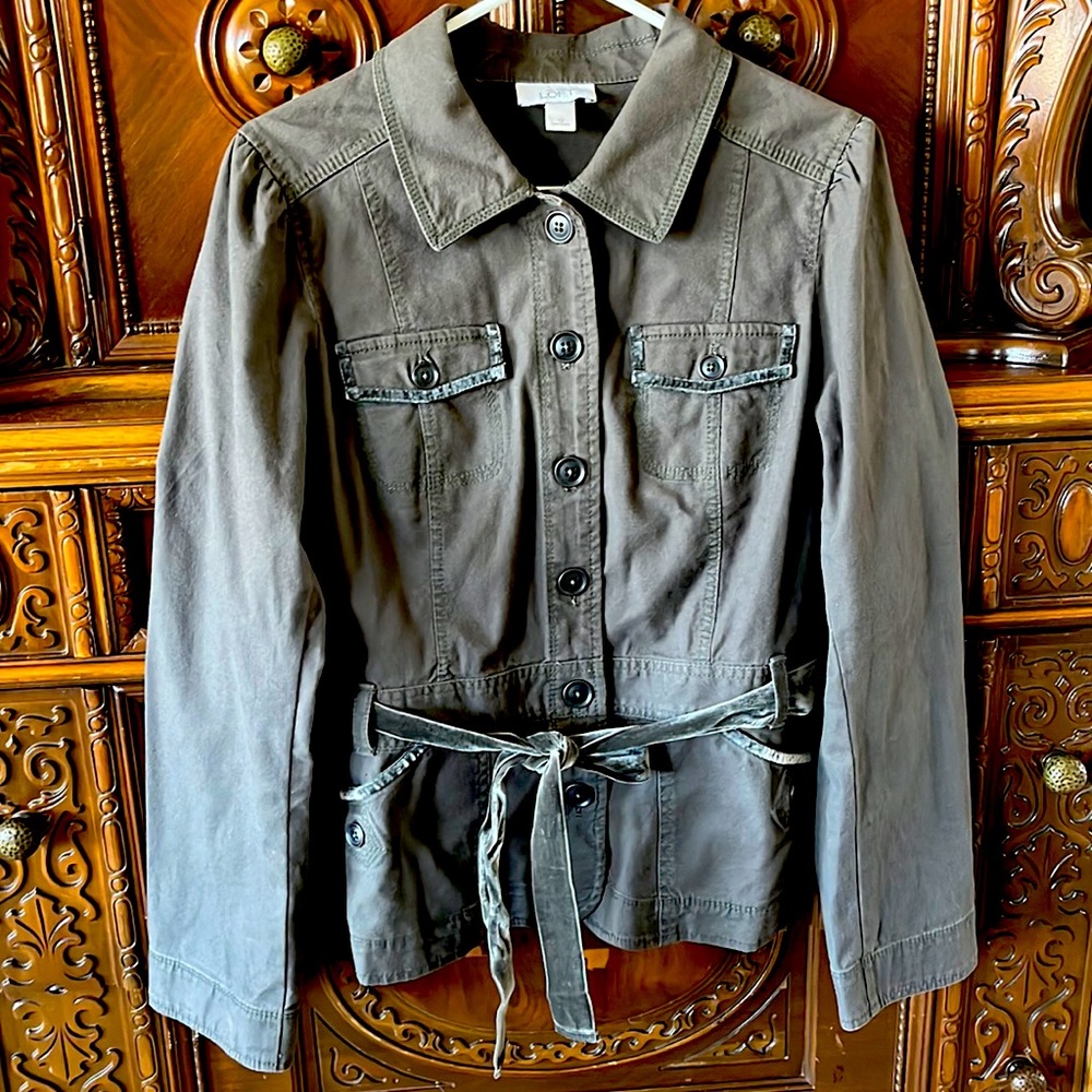 Ann Taylor LOFT Classic Jacket in Olive Green. Cotton Canvas Velvet Trim